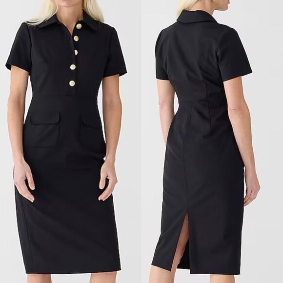 NWT J. Crew Black Collared Italian Bi-Stretch Wool Blend Midi Sheath Dress Sz 8 - Picture 1 of 12